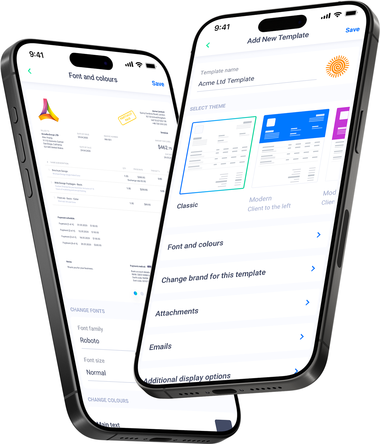 Invoicing templates floating iPhones